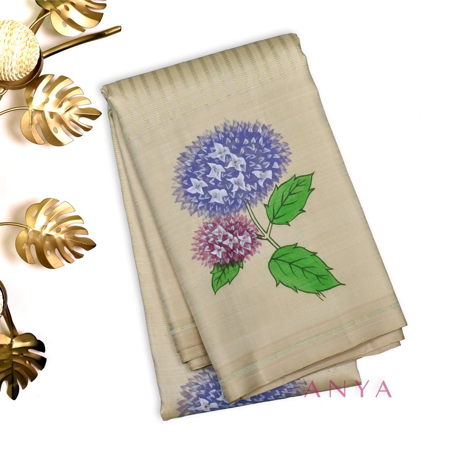 Off White Hand Painted Kanchi Silk Saree with Floral Painted and Zari Box Design